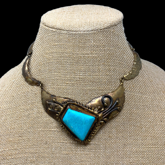 Vintage Artisan Brutalist Necklace Mixed Metals Brass Copper Howlite MCM - Picture 1 of 7